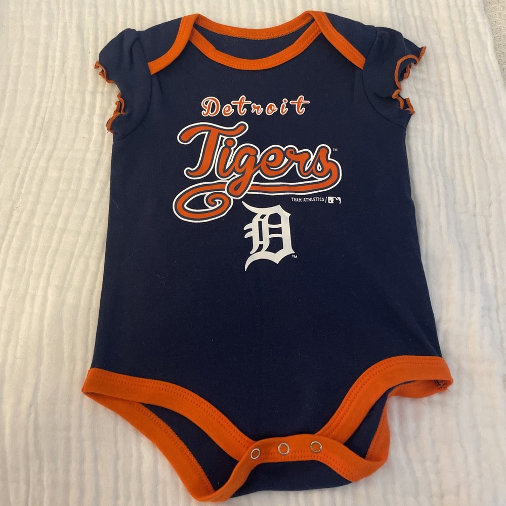 MLB Detroit Tigers Baby Girls Ruffle Sleeve Bodysuit Navy Orange 6/9M